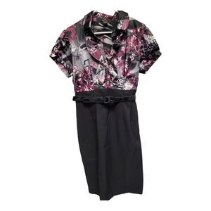 Roulette Pink and Black Belted Sheath Dress with Puff  Sleeves - Size 12